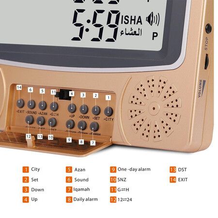 Azan Clock, Prayer Times Table Clock, Muslim Digital Alarm, LCD HA-4010 (Gold)