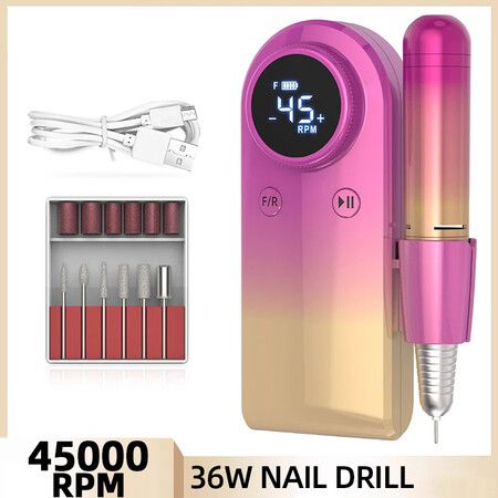 45000RPM Nail Drill Machine Rechargeable Nail File Nails Accessories Gel Nail Polish Sander Professional Tool Manicure Set Color Gradient Gold