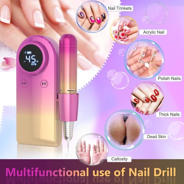 45000RPM Nail Drill Machine Rechargeable Nail File Nails Accessories Gel Nail Polish Sander Professional Tool Manicure Set Color Gradient Gold