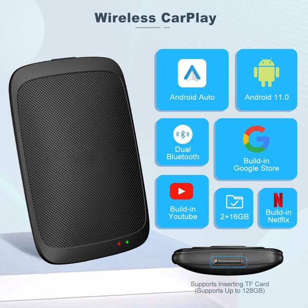 4 in 1 Wireless CarPlay Adapter Android Auto Wireless Adapter Magic Box Wired to Wireless CarPlay Dongle Plug and Play Supports YouTube Netflix Screen Mirroring