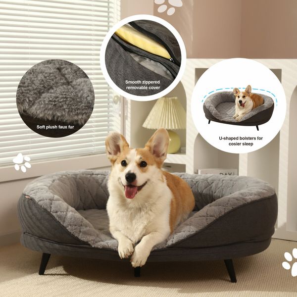 Raised Dog Bed Cat Couch Puppy Sofa Doggy Soft Cushioned Lounge Pet Chaise Furniture Crate Fabric Angora 90x78x29cm