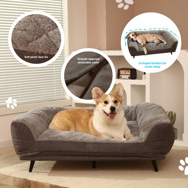 XL Pet Dog Bed Raised Soft Cushioned Puppy Sofa Couch Doggy Chaise Lounge Plush Furniture Removable Cover 100x70x36cm