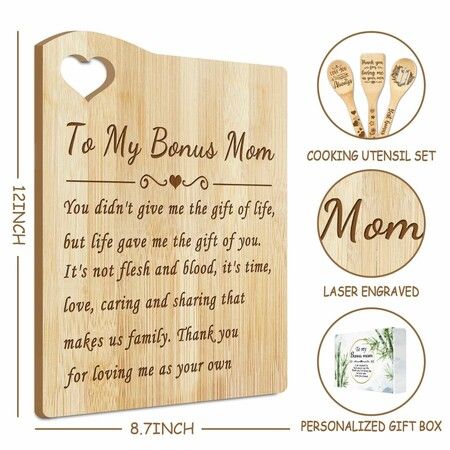 Bonus Mom Cutting Board Set Bamboo Chopping Board EcoFriendly Chef Mothers Day Gifts Birthday Female Sister Anniversary Christmas Kitchen Present