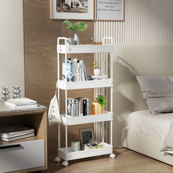 Slim Space-saving Rolling Storage Cart Laundry Room Organization 4 Tiers Shelf Organizer Rack Wheels Bathroom Kitchen Small Dorm Narrow Space White