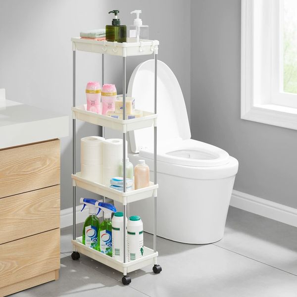 Slim Space-saving Rolling Storage Cart Laundry Room Organization 4 Tiers Shelf Organizer Rack Wheels Bathroom Kitchen Small Dorm Narrow Space White