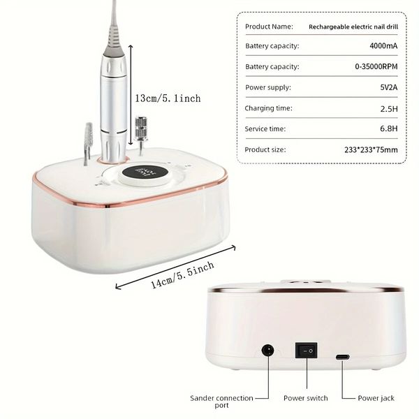 Professional Electric Nail Drill Machine Set, Nail File Set For Home And Salon, Nail Buffer Manicure Pedicure Polishing Tools-White