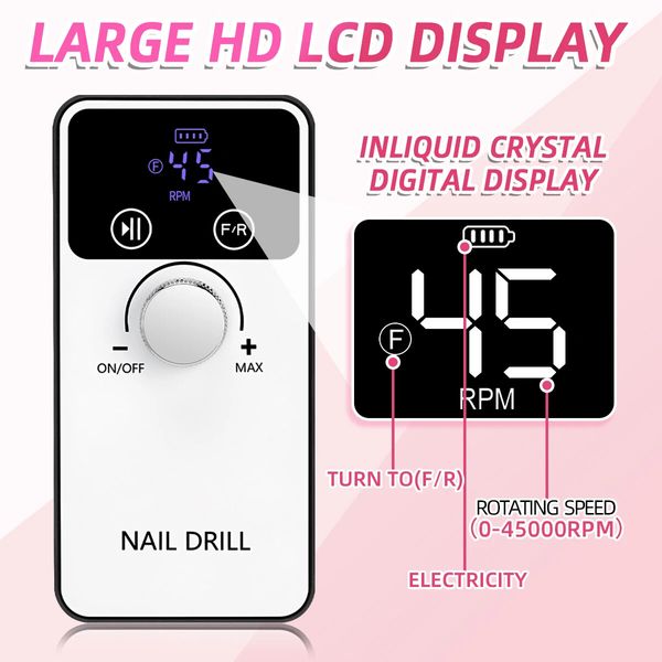 45000RPM Professional Electric Nail Drill Machine Rechargeable Nail File Nails Accessories Gel Nail Polish Sander