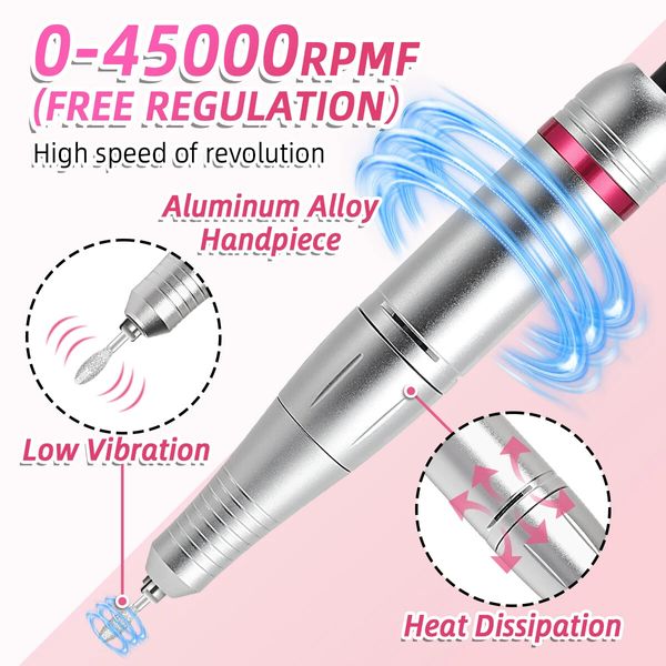 45000RPM Professional Electric Nail Drill Machine Rechargeable Nail File Nails Accessories Gel Nail Polish Sander