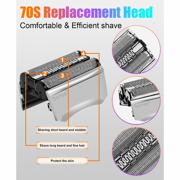 2 Pack 70S Replacement Head Compatible with Braun Series 7 Foil Shaver Models 70s 790CC 720 750CC 760CC 9565