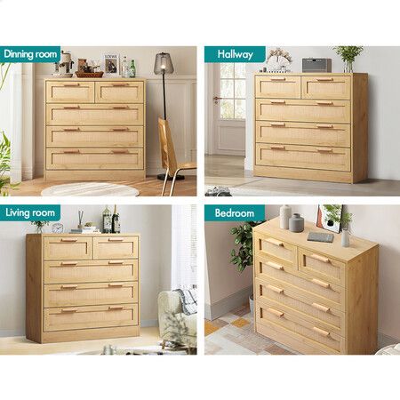 ALFORDSON 5 Chest of Drawers Storage Cabinet Rattan Dresser Tallboy Oak