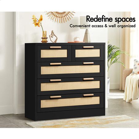 ALFORDSON 5 Chest of Drawers Storage Cabinet Rattan Dresser Tallboy Black