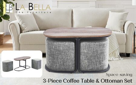 3 Piece Set Coffee Table & Ottoman Wood Side End Table Industrial - DARK GREY