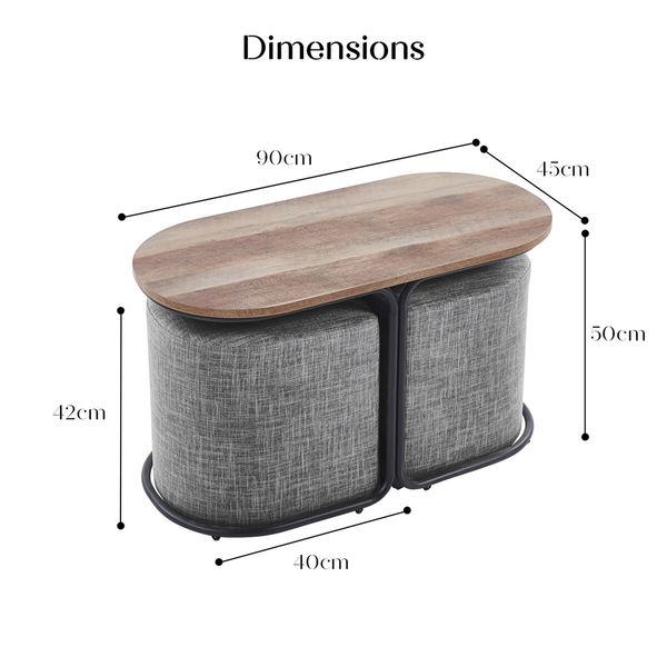 3 Piece Set Coffee Table & Ottoman Wood Side End Table Industrial - DARK GREY