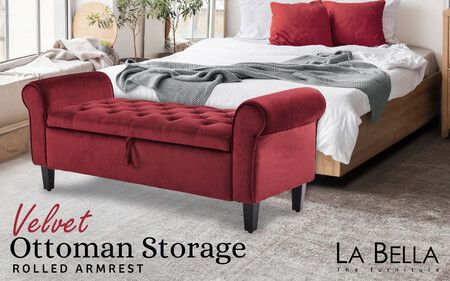 La Bella Storage Ottoman Bench Seat 132cm Chest Arm Couch Stool Velvet - Red