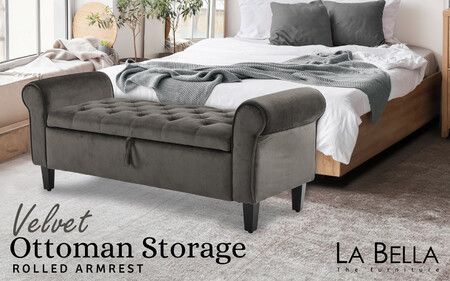 La Bella Storage Ottoman Bench Seat 132cm Chest Arm Couch Stool Velvet - Grey