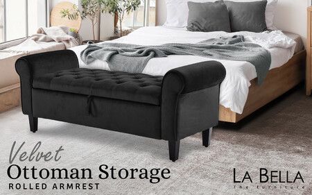 La Bella Storage Ottoman Bench Seat 132cm Chest Arm Couch Stool Velvet - Black