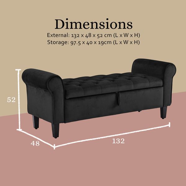 La Bella Storage Ottoman Bench Seat 132cm Chest Arm Couch Stool Velvet - Black