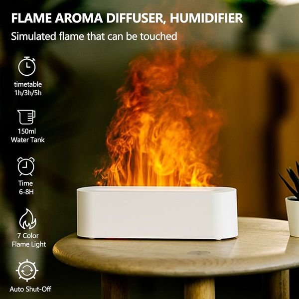 Flame Essential Oil Diffusers, 7 Color Light Diffuser Air Humidifier Aroma Diffusers for Home Bedroom Office Yoga Timer,White