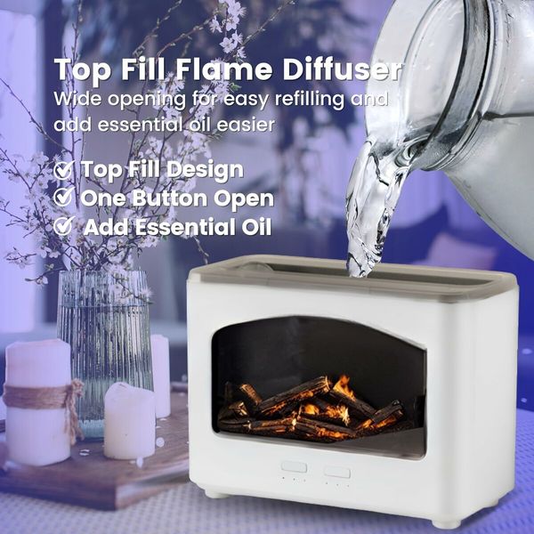 Flame Diffuser Humidifier, 240ml Flame Fire Diffuser with Timer and Auto Off Protection for Spa, Home, Yoga, Office, Bedroom (White)