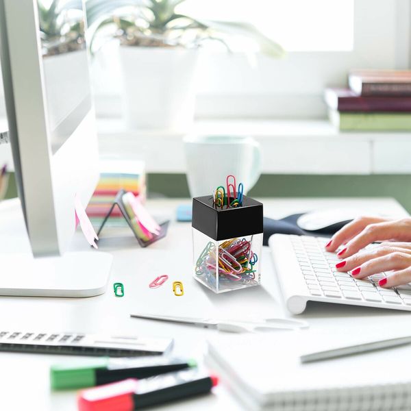 Magnetic Paper Clip Dispenser Small Clip Dispenser with Magnetic Top,Clear/Black For Desk,School,Office