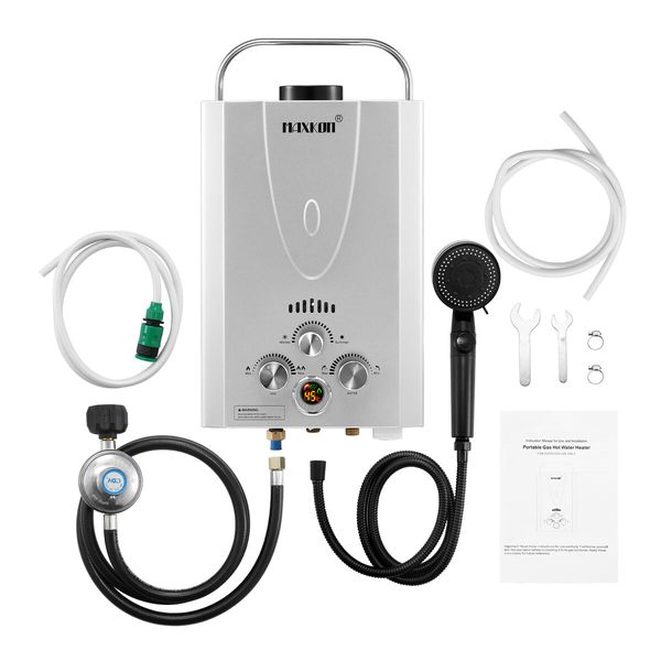 Maxkon Gas Water Heater 7 in 1 10L Portable Camping Outdoor Instant Hot Shower Heating System Silver