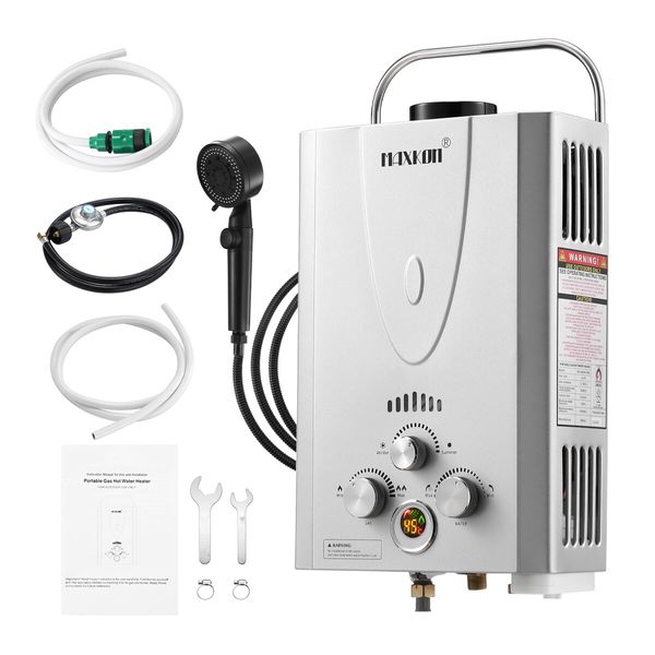 Maxkon Gas Water Heater 7 in 1 10L Portable Camping Outdoor Instant Hot Shower Heating System Silver