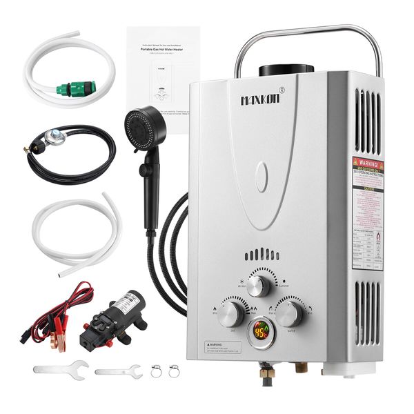 Maxkon Gas Water Heater 9 in 1 10L Portable Outdoor Camping Instant Hot Shower Heating System Silver with Pump