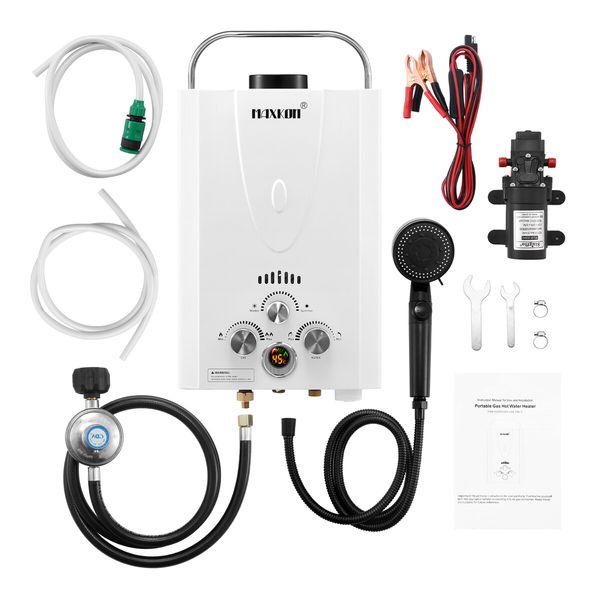 Maxkon Gas Water Heater 9 in 1 10L Outdoor Portable Camping Shower Instant Hot Heating System White with Pump