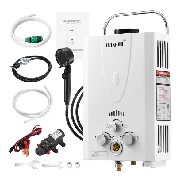 Maxkon Gas Water Heater 9 in 1 10L Outdoor Portable Camping Shower Instant Hot Heating System White with Pump