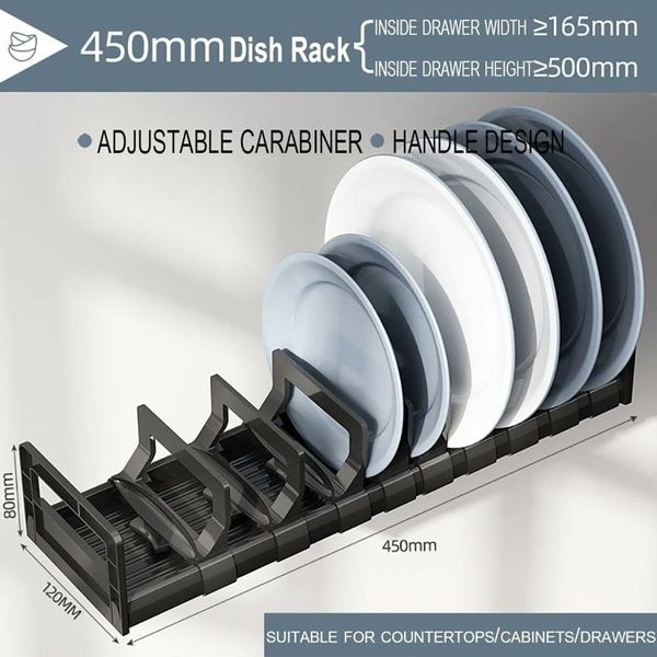 45cm 12 Slots Dish Drying Rack Drawer Organizer Space Aluminum Adjustable Bowl Holder with Removable Cabinet Dish Storage Shelf Plates Pots Pans