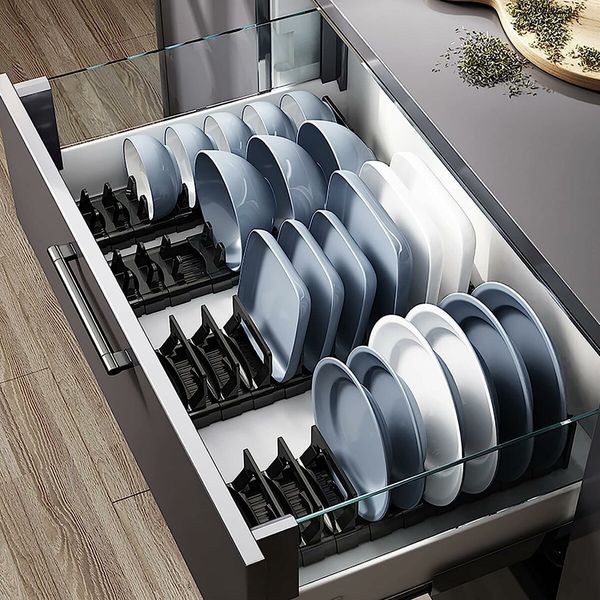 45cm 12 Slots Dish Drying Rack Drawer Organizer Space Aluminum Adjustable Bowl Holder with Removable Cabinet Dish Storage Shelf Plates Pots Pans