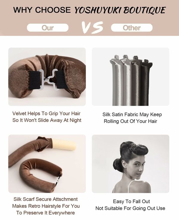 Heatless Curler for Overnight Curls with 4 Rods Headband No Heat Silk Wrap Curling Set in Brown