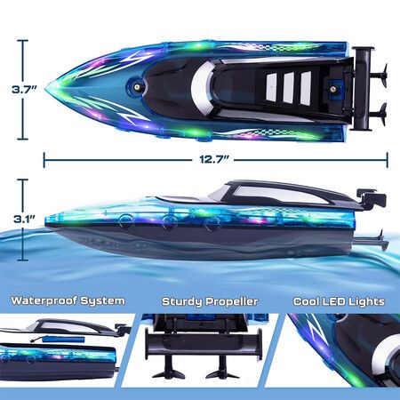 Remote Control Boat with LED Lights, Pool and Lake RC Boats for Kids Ages 8-12, 2.4GHZ Remote Control Boat