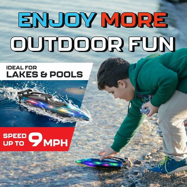 Remote Control Boat with LED Lights, Pool and Lake RC Boats for Kids Ages 8-12, 2.4GHZ Remote Control Boat