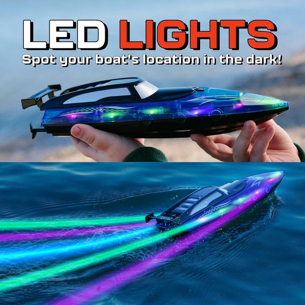 Remote Control Boat with LED Lights, Pool and Lake RC Boats for Kids Ages 8-12, 2.4GHZ Remote Control Boat
