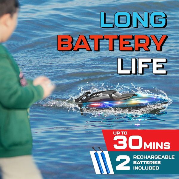 Remote Control Boat with LED Lights, Pool and Lake RC Boats for Kids Ages 8-12, 2.4GHZ Remote Control Boat