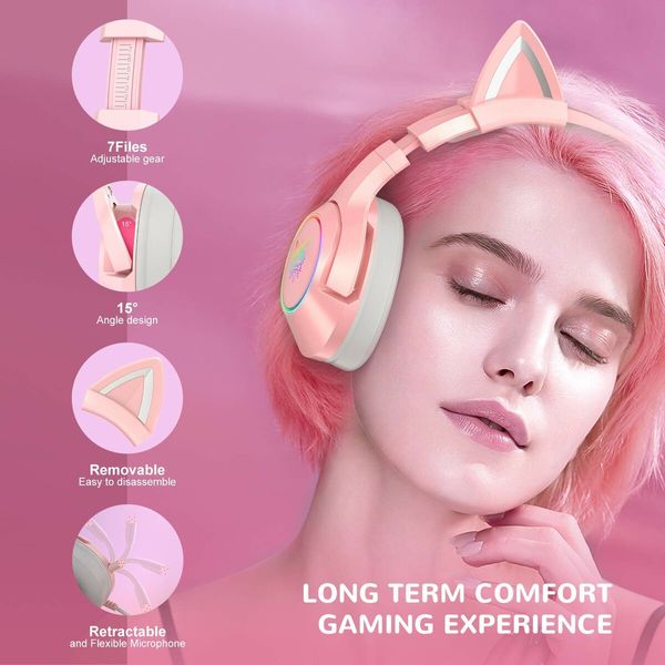 Girl Gaming Headset for PS4, PS5,   One(No Adapter), Wired Over Ear Headphones with Detachable Cat Ears, Noise Cancelling Microphone, RGB Backlight, Surround Sound for PC Pink