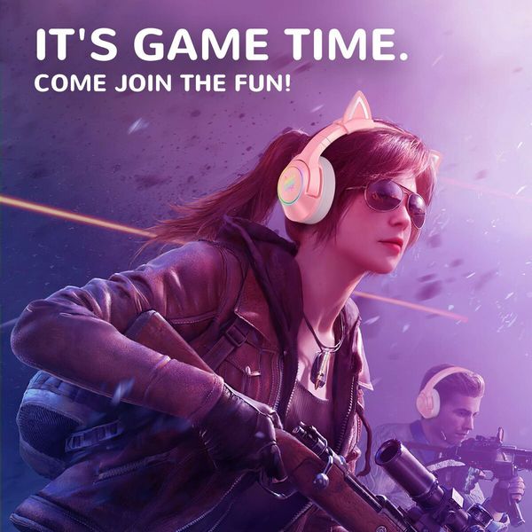 Girl Gaming Headset for PS4, PS5,   One(No Adapter), Wired Over Ear Headphones with Detachable Cat Ears, Noise Cancelling Microphone, RGB Backlight, Surround Sound for PC Pink