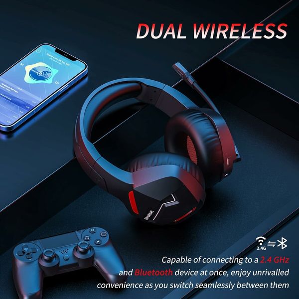 Wireless Gaming Headset with Microphone for PC PS4 PS5 Playstation 4 5, 2.4G Wireless Bluetooth USB Gamer Headphones with Mic for Laptop Computer