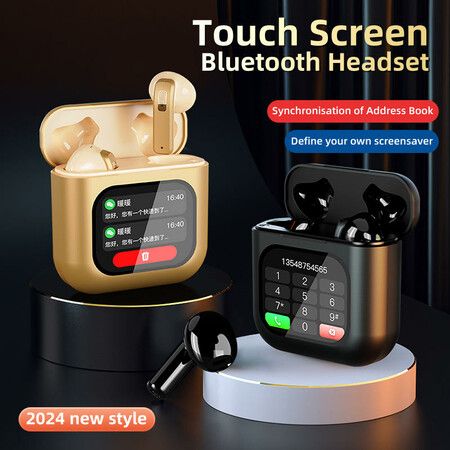 Smart Touch Screen Bluetooth Earphone APP Message Reminder Dialing Video Switching Incoming Call Answering with LED Display(Gold)