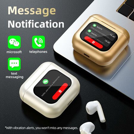 Smart Touch Screen Bluetooth Earphone APP Message Reminder Dialing Video Switching Incoming Call Answering with LED Display(Gold)