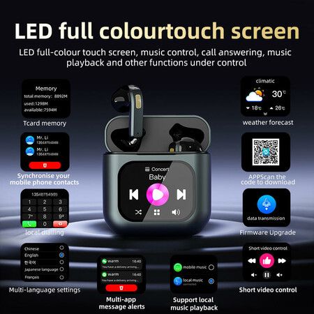 Smart Touch Screen Bluetooth Earphone APP Message Reminder Dialing Video Switching Incoming Call Answering with LED Display(Gold)