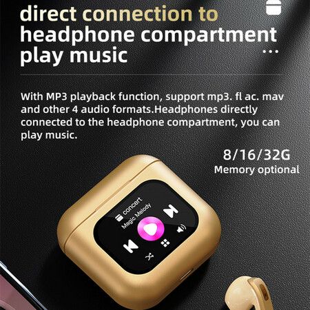 Smart Touch Screen Bluetooth Earphone APP Message Reminder Dialing Video Switching Incoming Call Answering with LED Display(Gold)