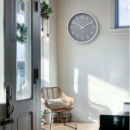 Grey Wall Clock 12 Inch Silent Non Ticking Clock for Living Room Bedroom Kitchen Office Decor