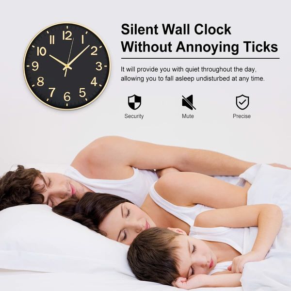 Black Wall Clocks Battery Operated,12 inch Silent Non Ticking Modern Clock for Wall,3D Numbers Wall Clock for Kitchen Bedroom Living Room Office Classroom Decor (Black-Gold)