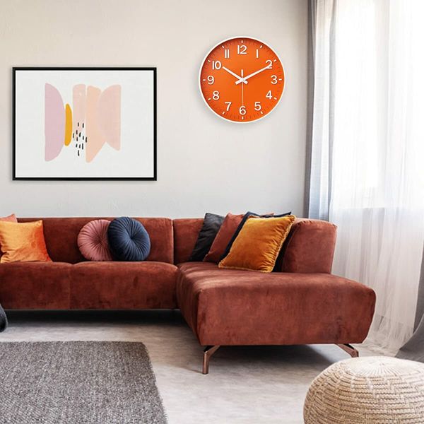 Wall Clocks Battery Operated,12 inch Silent Non Ticking Modern Wall Clock for Living Room Bedroom Kitchen Office Classroom Decor (Orange & White)