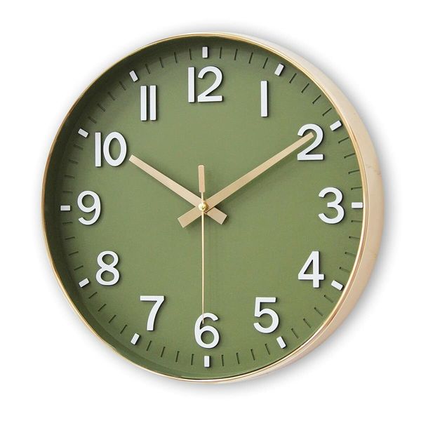 Wall Clocks Battery Operated,12 inch Silent Non Ticking Modern Wall Clock for Living Room Bedroom Kitchen Office Classroom Decor (Olive Green and Gold)