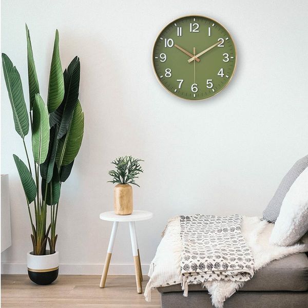 Wall Clocks Battery Operated,12 inch Silent Non Ticking Modern Wall Clock for Living Room Bedroom Kitchen Office Classroom Decor (Olive Green and Gold)