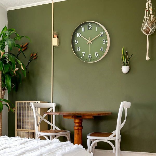 Wall Clocks Battery Operated,12 inch Silent Non Ticking Modern Wall Clock for Living Room Bedroom Kitchen Office Classroom Decor (Olive Green and Gold)