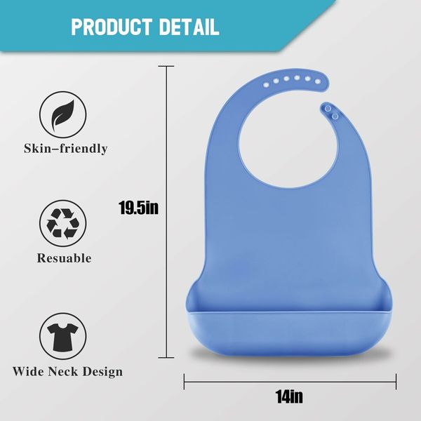 Adjustable Silicone Bib,Washable Bib for Men & Women,Waterproof Bib for Elderly with Crumb Catcher (Blue)